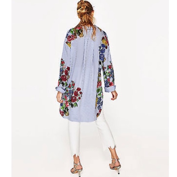 Zara Woman Pinstripe Floral Print Button Down Tunic Shirt Top - Picture 11 of 12